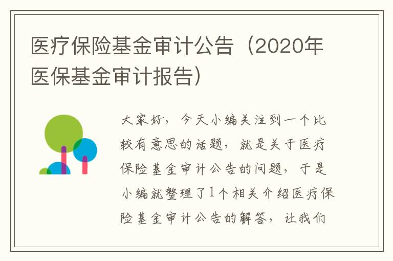 医疗保险基金审计公告（2020年医保基金审计报告）