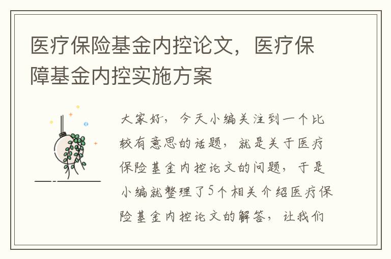 医疗保险基金内控论文，医疗保障基金内控实施方案