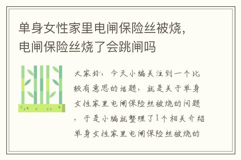 单身女性家里电闸保险丝被烧，电闸保险丝烧了会跳闸吗