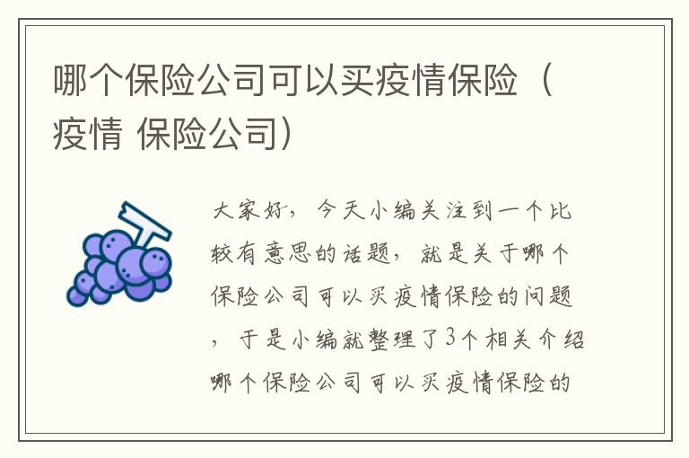 哪个保险公司可以买疫情保险（疫情 保险公司）