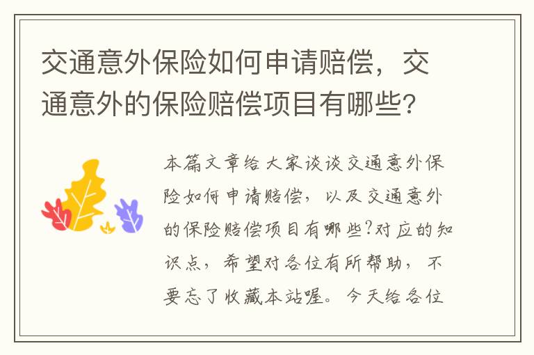 交通意外保险如何申请赔偿，交通意外的保险赔偿项目有哪些?