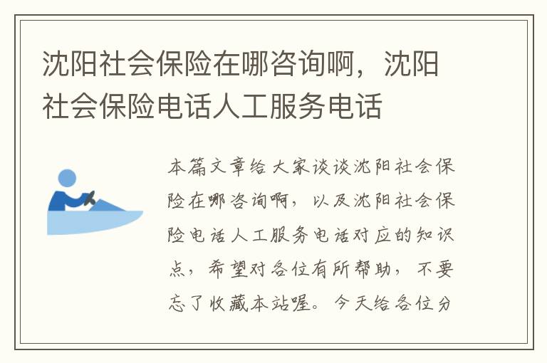 沈阳社会保险在哪咨询啊，沈阳社会保险电话人工服务电话