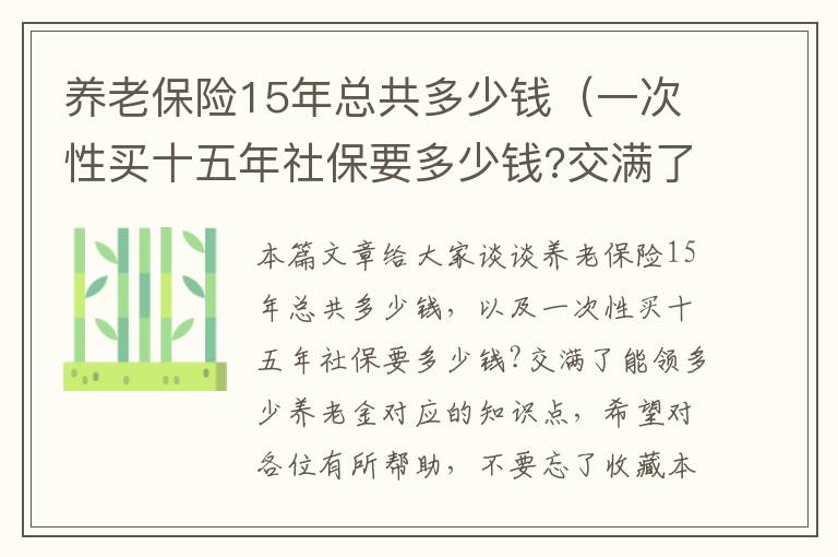 养老保险15年总共多少钱（一次性买十五年社保要多少钱?交满了能领多少养老金）