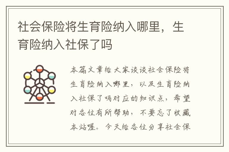 社会保险将生育险纳入哪里，生育险纳入社保了吗