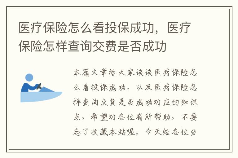 医疗保险怎么看投保成功，医疗保险怎样查询交费是否成功