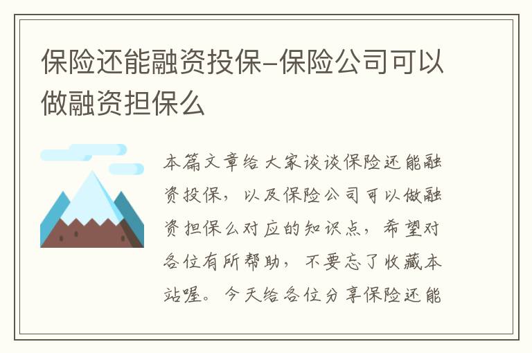 保险还能融资投保-保险公司可以做融资担保么